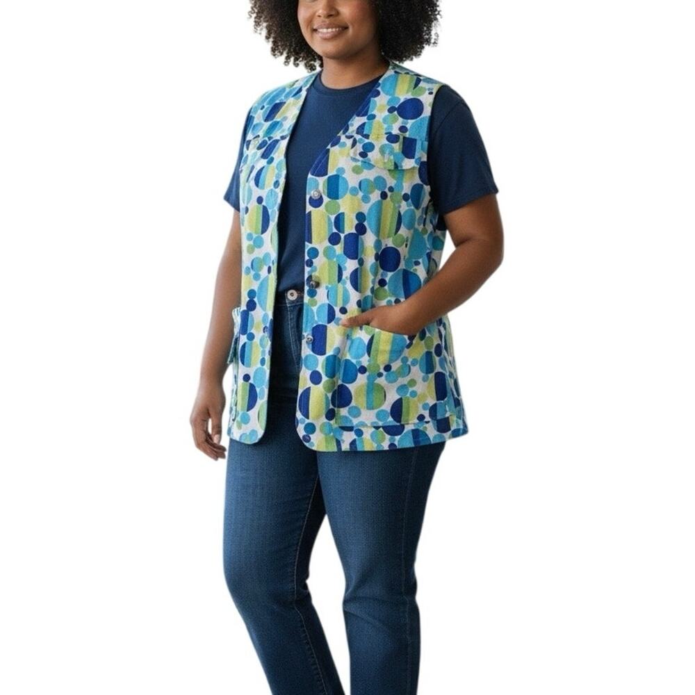 Reversible Vest Polka Dot Geometric Blue Green Open Front XL